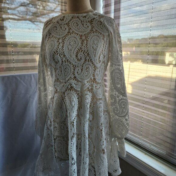 Dresses & Skirts - White Lace Mini Dress Women small Hollow Out Embroidery Shirt Dress